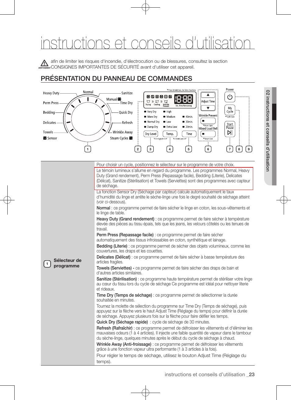 Instructions et conseils d’utilisation, Présentation du panneau de commandes | Samsung DV456ETHDSU-AA User Manual | Page 63 / 120