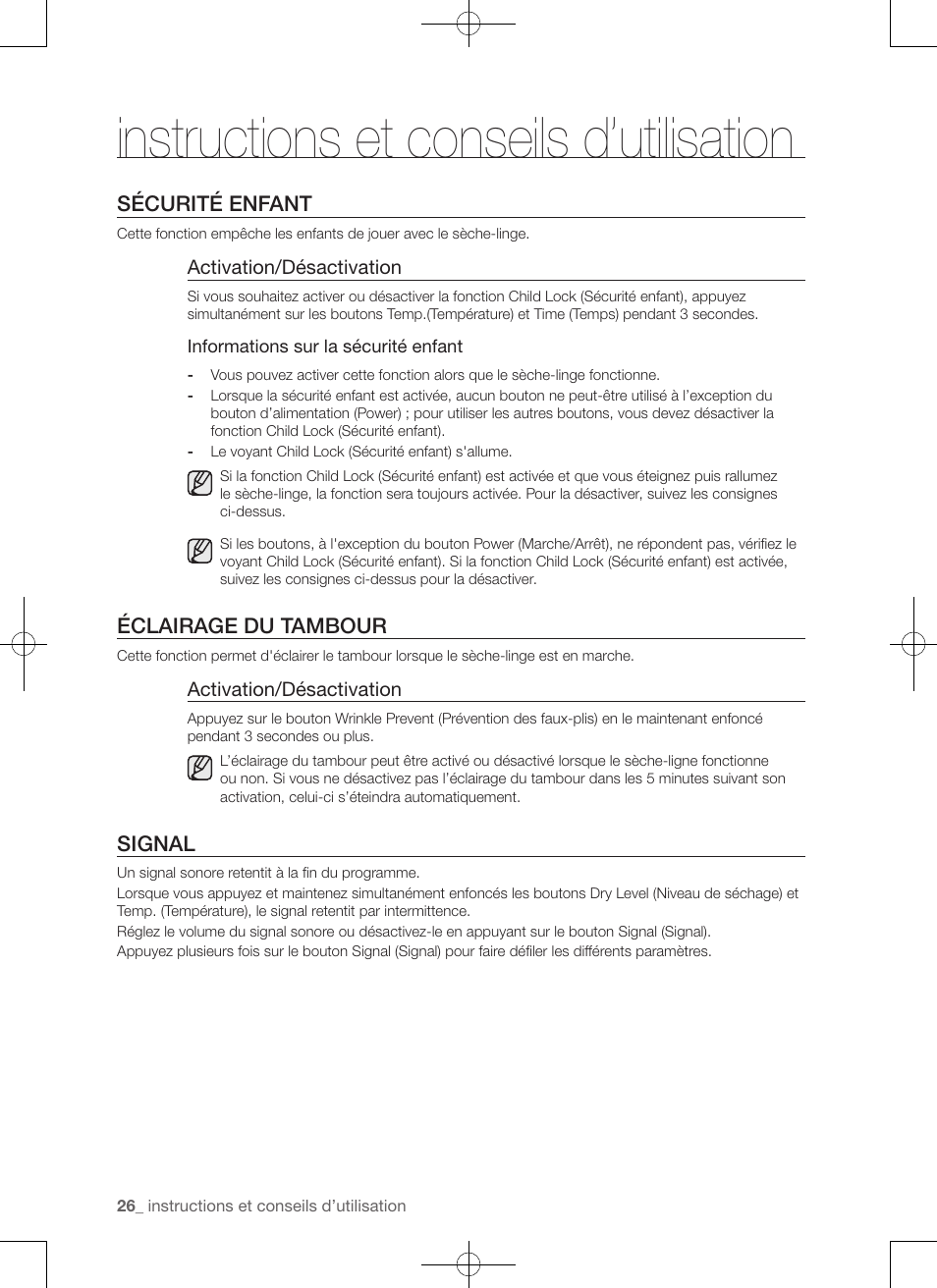 Instructions et conseils d’utilisation, Sécurité enfant, Éclairage du tambour | Signal | Samsung DV456ETHDSU-AA User Manual | Page 66 / 120