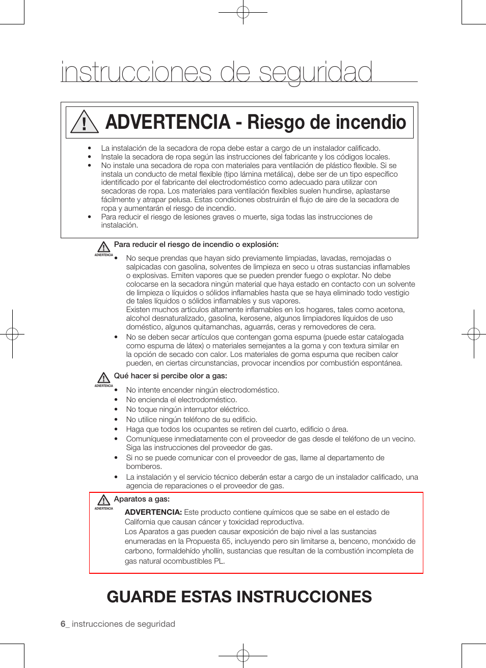 Instrucciones de seguridad, Advertencia - riesgo de incendio, Guarde estas instrucciones | Samsung DV456ETHDSU-AA User Manual | Page 86 / 120