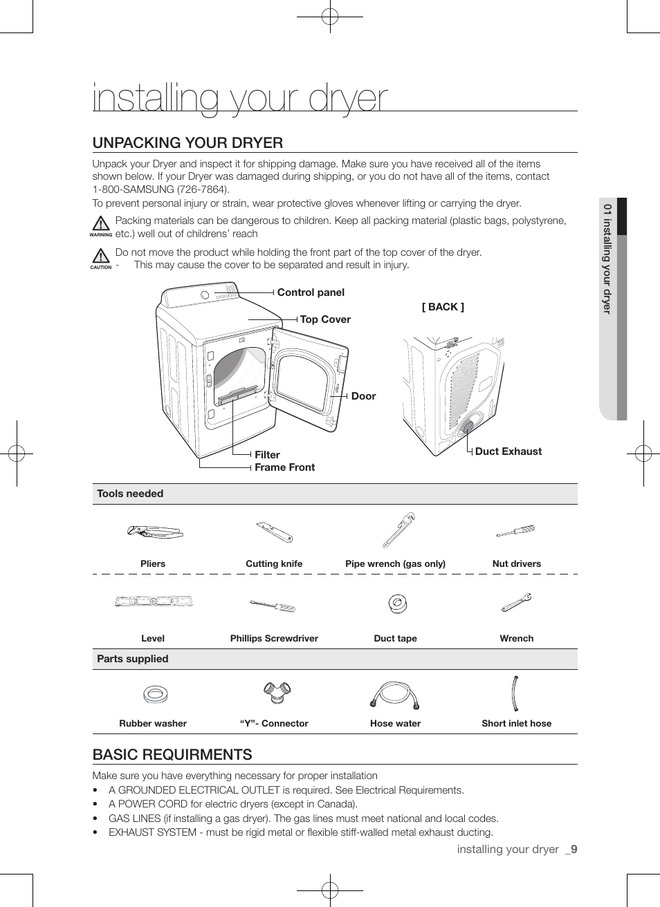 Installing your dryer, Unpacking your dryer, Basic requirments | Samsung DV456ETHDSU-AA User Manual | Page 9 / 120