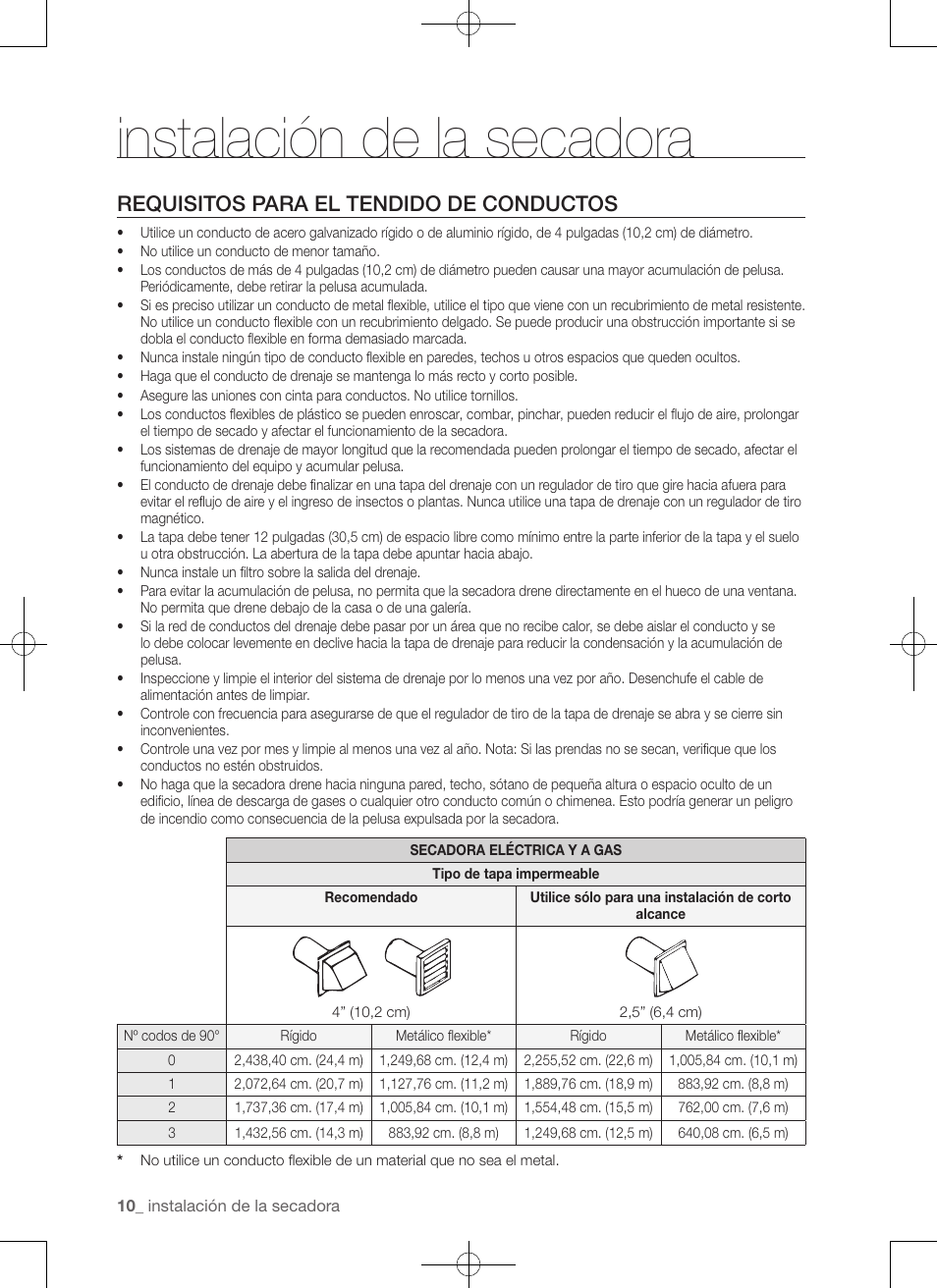 Instalación de la secadora, Requisitos para el tendido de conductos | Samsung DV456ETHDSU-AA User Manual | Page 90 / 120