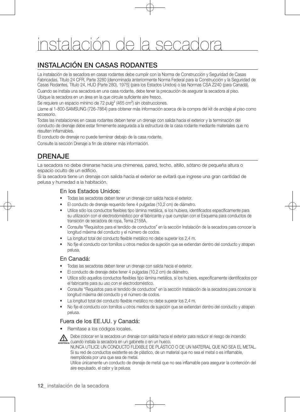 Instalación de la secadora, Instalación en casas rodantes, Drenaje | Samsung DV456ETHDSU-AA User Manual | Page 92 / 120