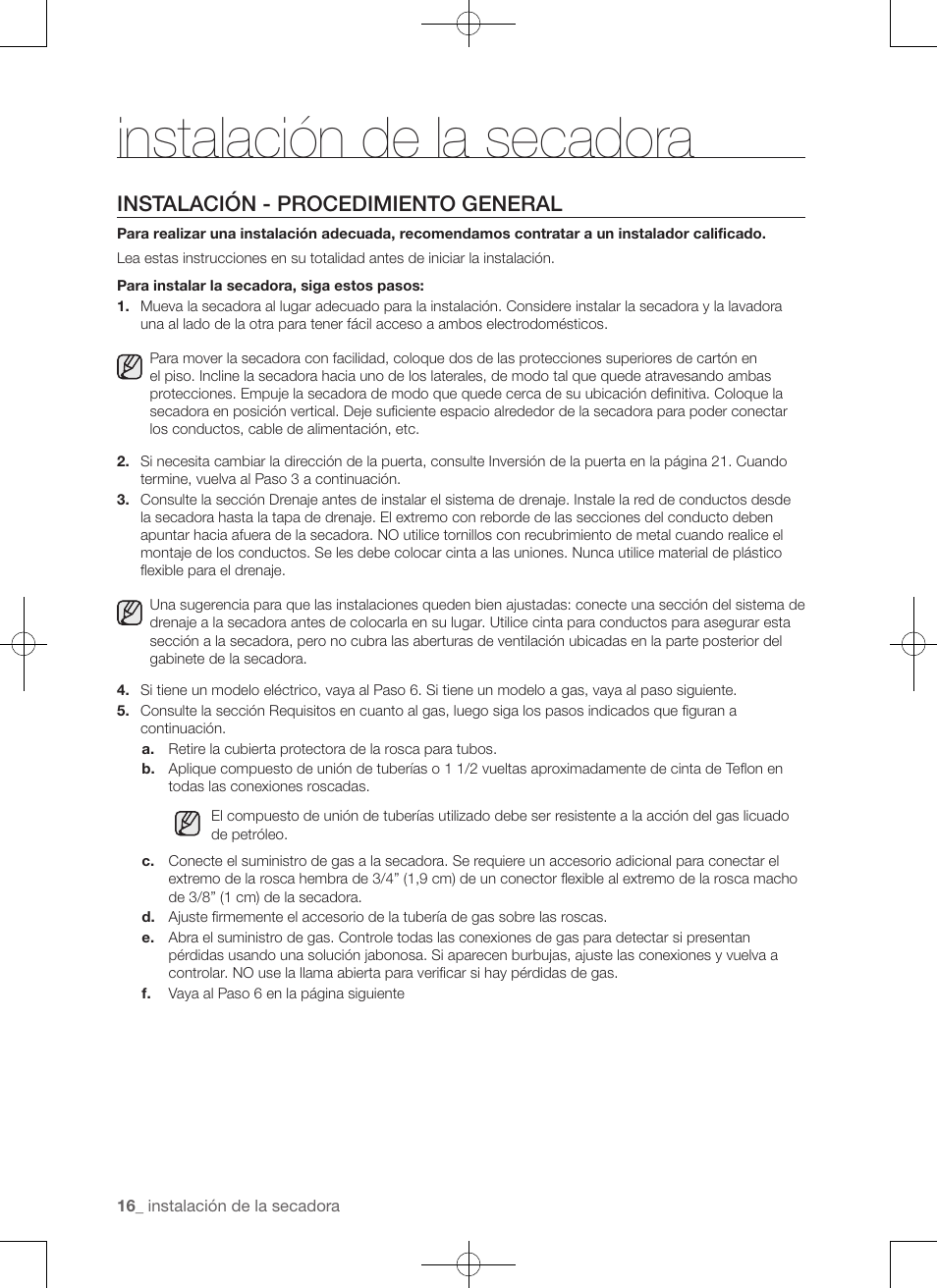 Instalación de la secadora, Instalación - procedimiento general | Samsung DV456ETHDSU-AA User Manual | Page 96 / 120