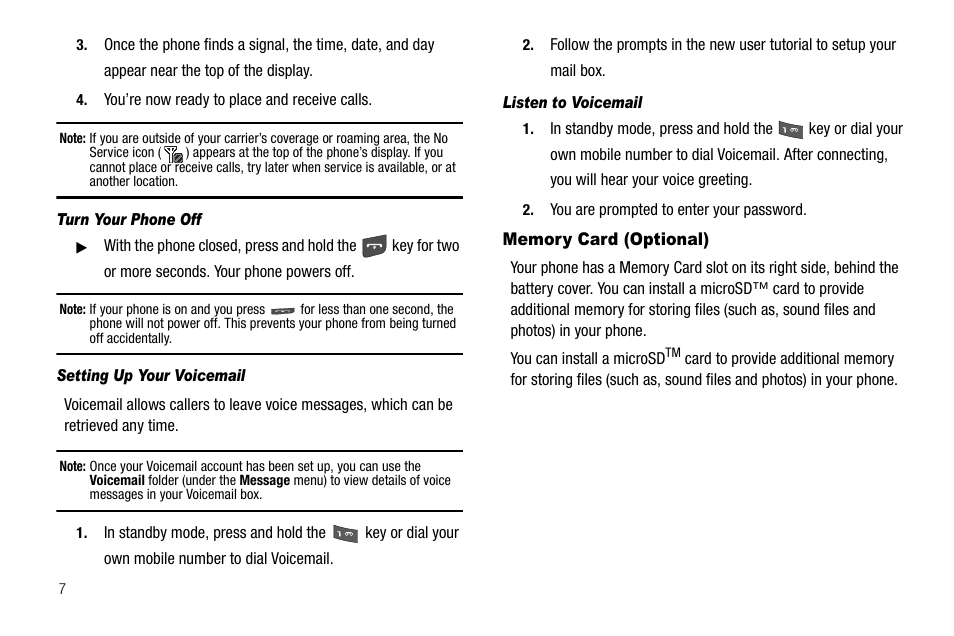 Turn your phone off, Setting up your voicemail, Listen to voicemail | Memory card (optional) | Samsung SCH-R560ZPACRI User Manual | Page 10 / 167