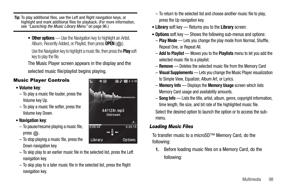 Music player controls, Loading music files | Samsung SCH-R560ZPACRI User Manual | Page 101 / 167