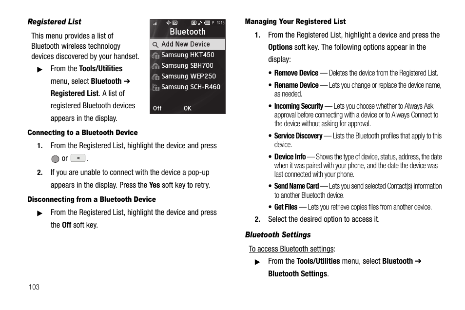Registered list, Connecting to a bluetooth device, Disconnecting from a bluetooth device | Managing your registered list, Bluetooth settings | Samsung SCH-R560ZPACRI User Manual | Page 106 / 167