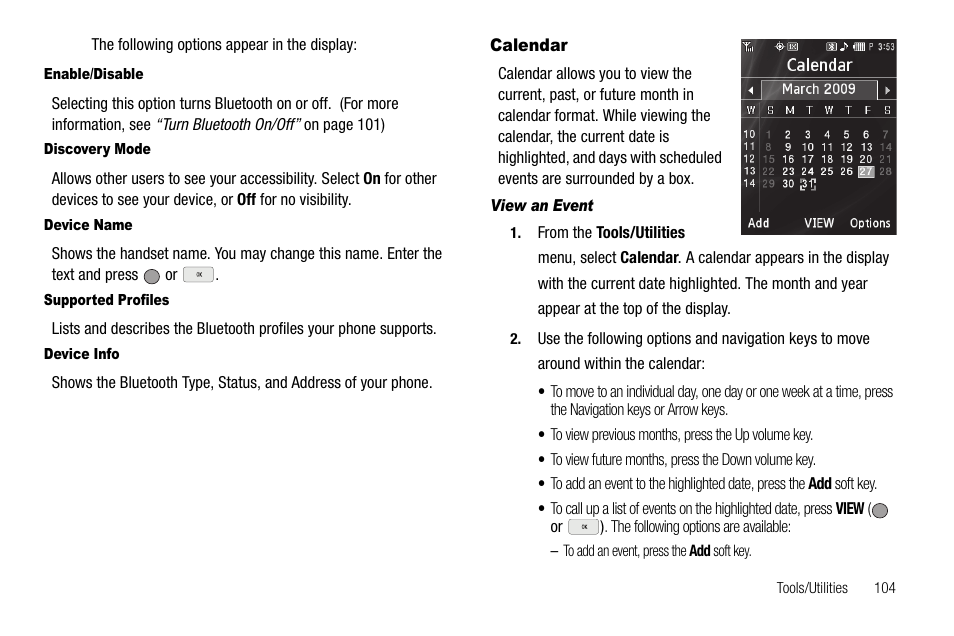 Enable/disable, Discovery mode, Device name | Supported profiles, Device info, Calendar, View an event | Samsung SCH-R560ZPACRI User Manual | Page 107 / 167