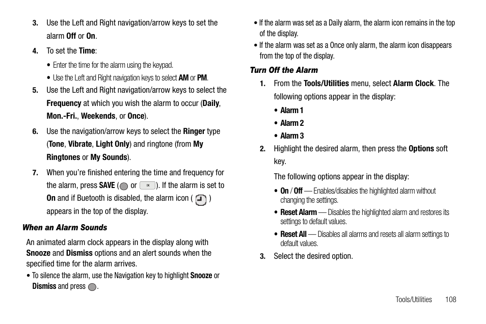 When an alarm sounds, Turn off the alarm | Samsung SCH-R560ZPACRI User Manual | Page 111 / 167