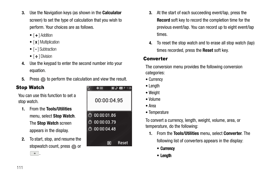 Stop watch, Converter, Stop watch converter | Samsung SCH-R560ZPACRI User Manual | Page 114 / 167