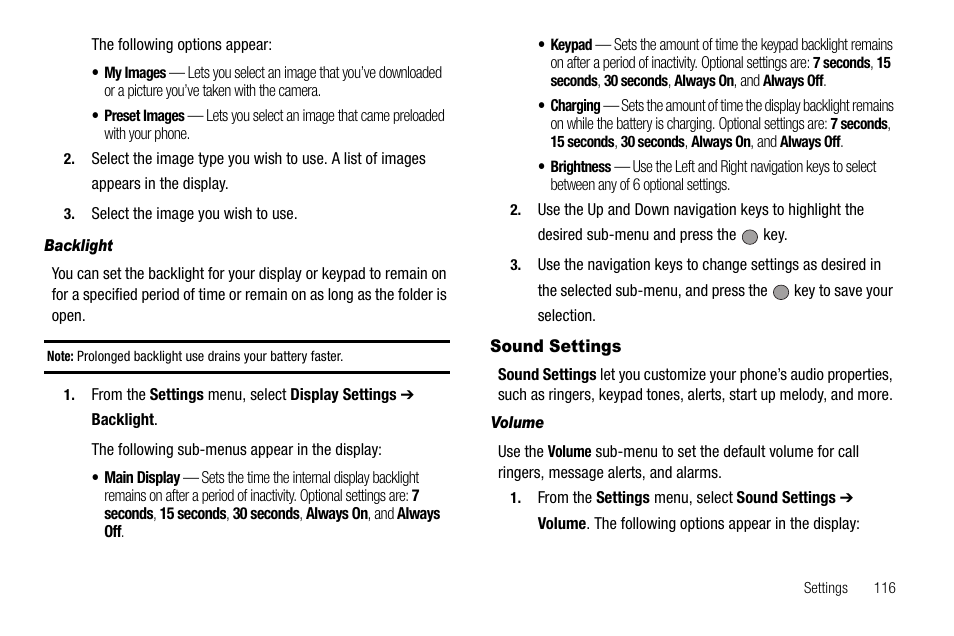 Backlight, Sound settings, Volume | Samsung SCH-R560ZPACRI User Manual | Page 119 / 167