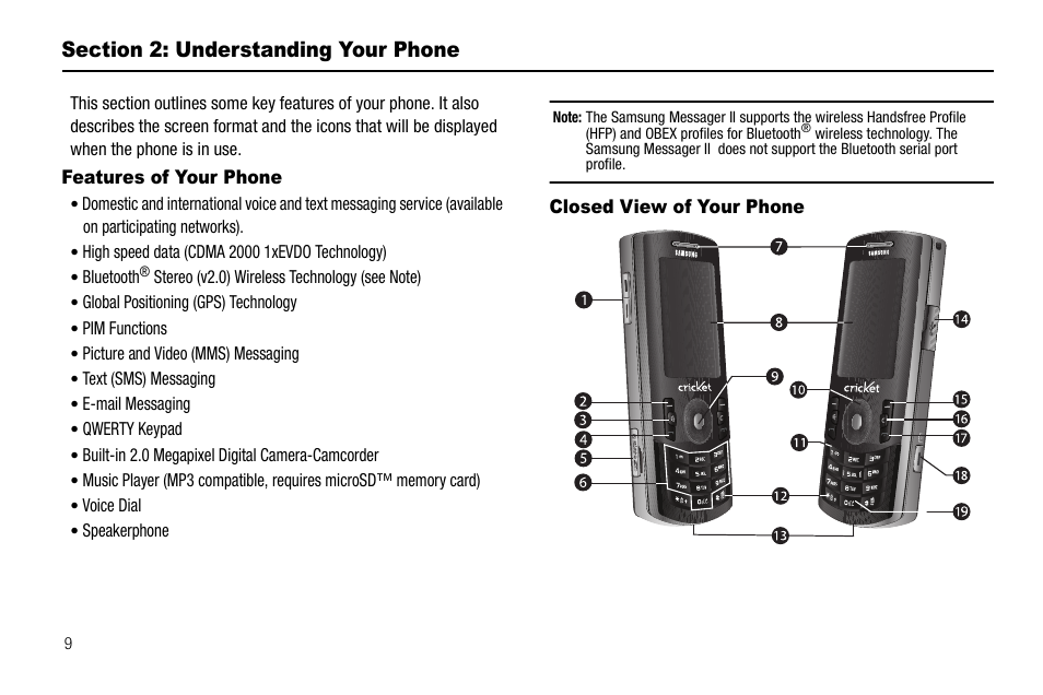 Section 2: understanding your phone, Features of your phone, Closed view of your phone | Features of your phone closed view of your phone | Samsung SCH-R560ZPACRI User Manual | Page 12 / 167