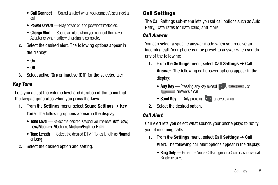 Key tone, Call settings, Call answer | Call alert | Samsung SCH-R560ZPACRI User Manual | Page 121 / 167