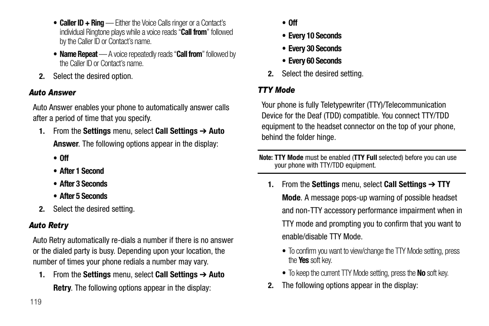 Auto answer, Auto retry, Tty mode | Samsung SCH-R560ZPACRI User Manual | Page 122 / 167