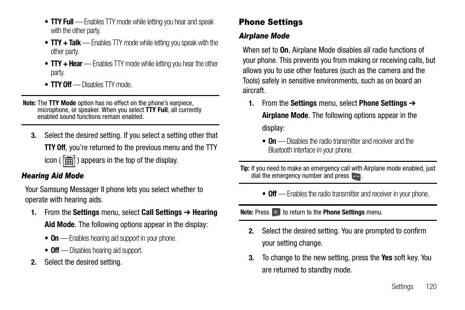 Hearing aid mode, Phone settings, Airplane mode | Samsung SCH-R560ZPACRI User Manual | Page 123 / 167