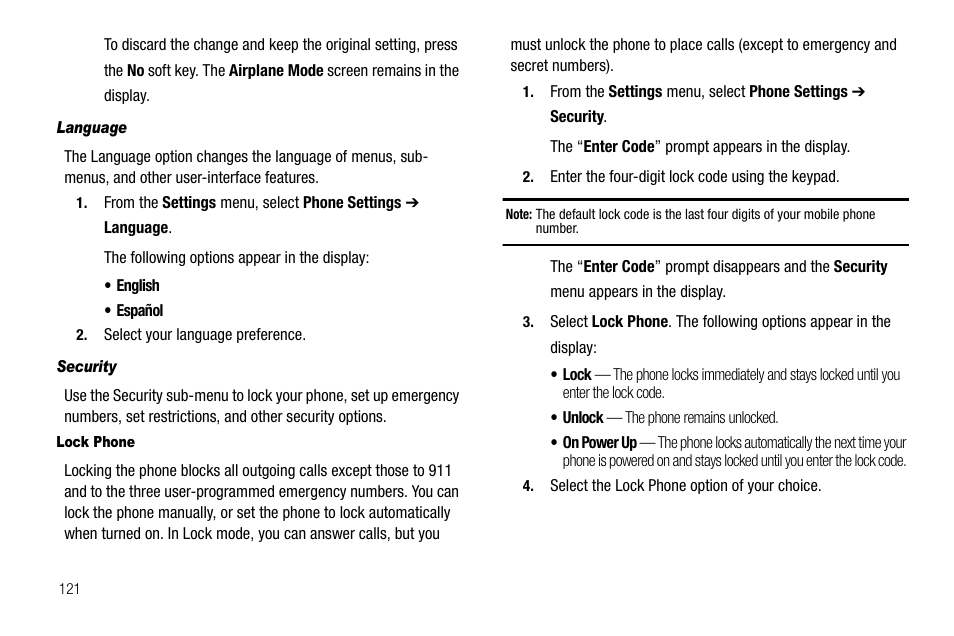 Language, Security, Lock phone | Samsung SCH-R560ZPACRI User Manual | Page 124 / 167