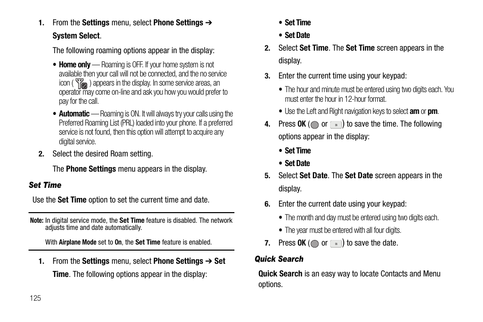 Set time, Quick search | Samsung SCH-R560ZPACRI User Manual | Page 128 / 167