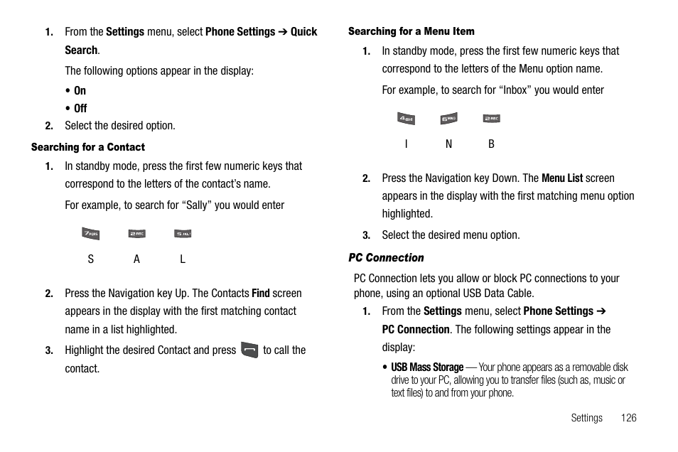 Searching for a contact, Searching for a menu item, Pc connection | Samsung SCH-R560ZPACRI User Manual | Page 129 / 167