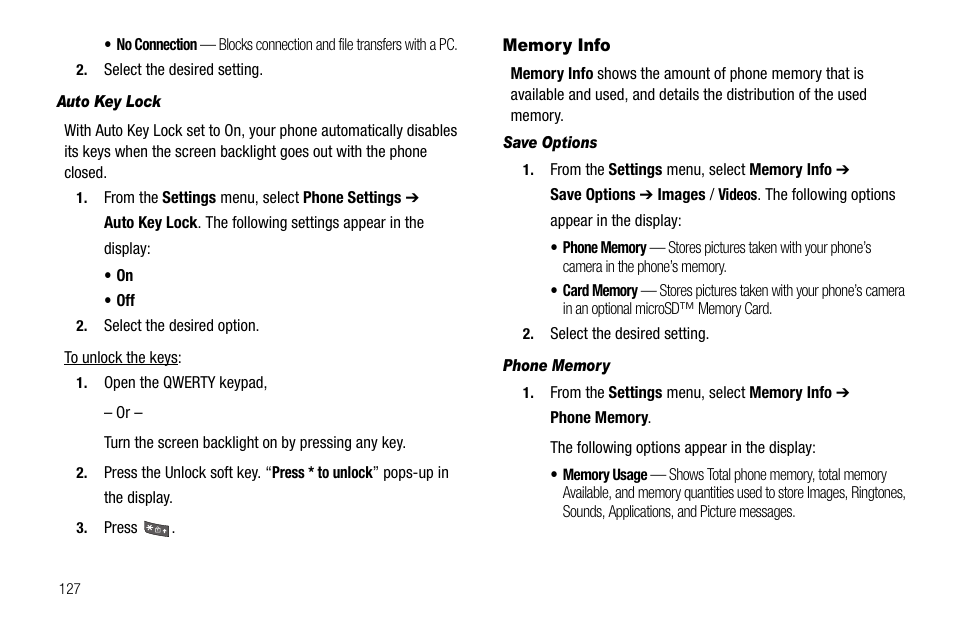 Auto key lock, Memory info, Save options | Phone memory | Samsung SCH-R560ZPACRI User Manual | Page 130 / 167