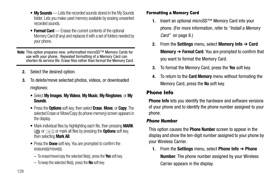 Formatting a memory card, Phone info, Phone number | Samsung SCH-R560ZPACRI User Manual | Page 132 / 167