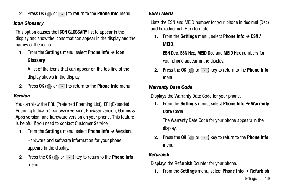 Icon glossary, Version, Esn / meid | Warranty date code, Refurbish | Samsung SCH-R560ZPACRI User Manual | Page 133 / 167