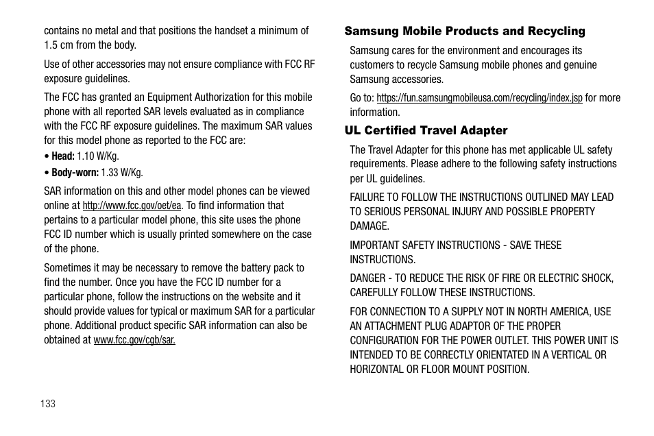 Samsung mobile products and recycling, Ul certified travel adapter | Samsung SCH-R560ZPACRI User Manual | Page 136 / 167