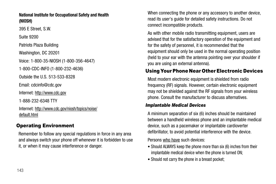 Operating environment, Using your phone near other electronic devices, Implantable medical devices | Samsung SCH-R560ZPACRI User Manual | Page 146 / 167