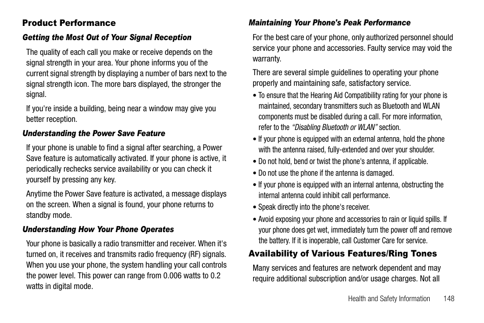 Product performance, Getting the most out of your signal reception, Understanding the power save feature | Understanding how your phone operates, Maintaining your phone's peak performance, Availability of various features/ring tones | Samsung SCH-R560ZPACRI User Manual | Page 151 / 167