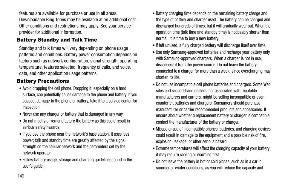 Battery standby and talk time, Battery precautions, Battery standby and talk time battery precautions | Samsung SCH-R560ZPACRI User Manual | Page 152 / 167