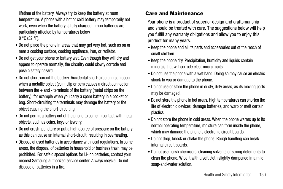 Care and maintenance | Samsung SCH-R560ZPACRI User Manual | Page 153 / 167