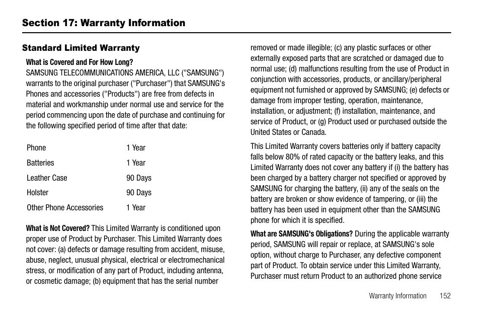Section 17: warranty information, Standard limited warranty | Samsung SCH-R560ZPACRI User Manual | Page 155 / 167
