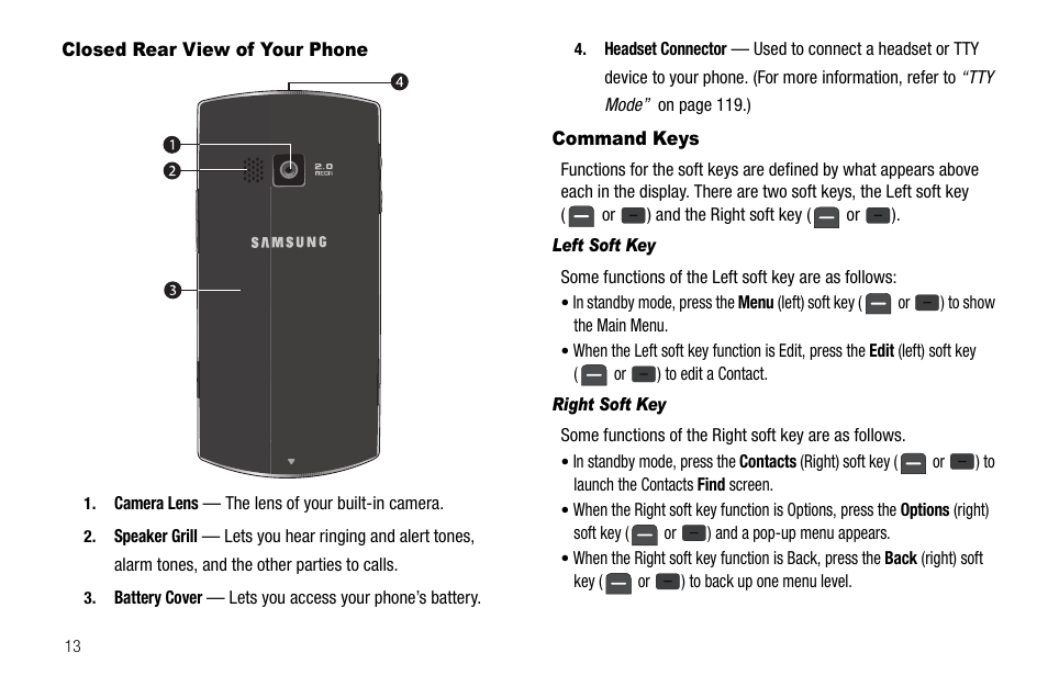 Closed rear view of your phone, Command keys, Left soft key | Right soft key, Closed rear view of your phone command keys | Samsung SCH-R560ZPACRI User Manual | Page 16 / 167