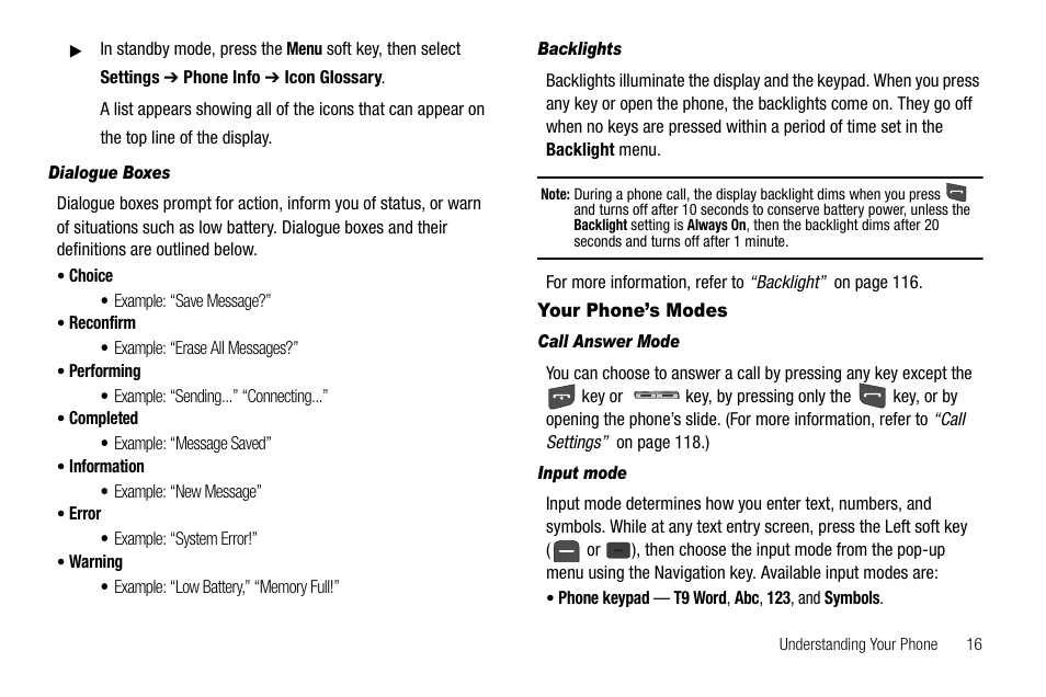 Dialogue boxes, Backlights, Your phone’s modes | Call answer mode, Input mode | Samsung SCH-R560ZPACRI User Manual | Page 19 / 167