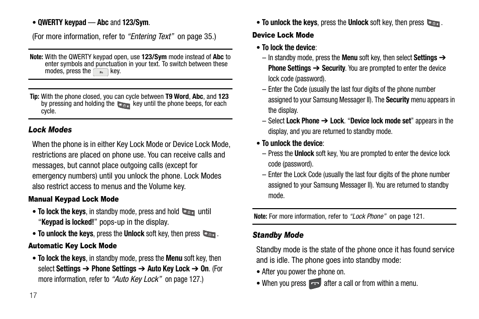 Lock modes, Manual keypad lock mode, Automatic key lock mode | Device lock mode, Standby mode | Samsung SCH-R560ZPACRI User Manual | Page 20 / 167