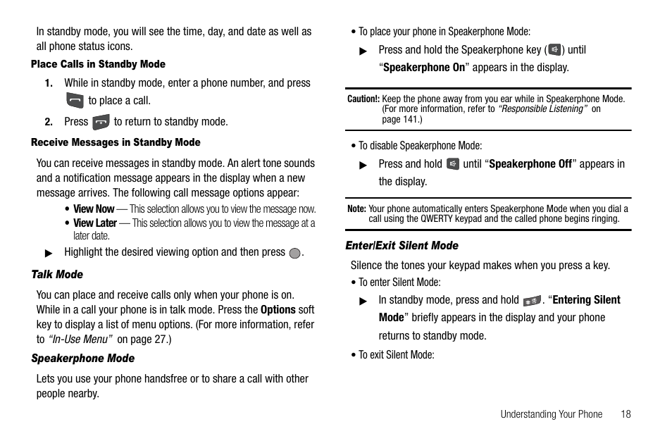 Place calls in standby mode, Receive messages in standby mode, Talk mode | Speakerphone mode, Enter/exit silent mode | Samsung SCH-R560ZPACRI User Manual | Page 21 / 167