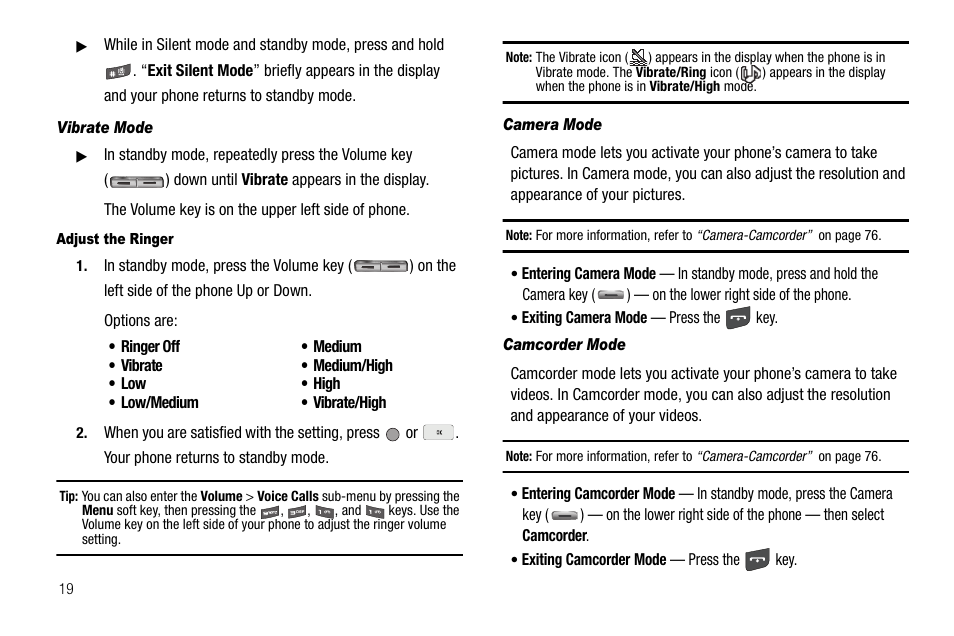 Vibrate mode, Adjust the ringer, Camera mode | Camcorder mode | Samsung SCH-R560ZPACRI User Manual | Page 22 / 167