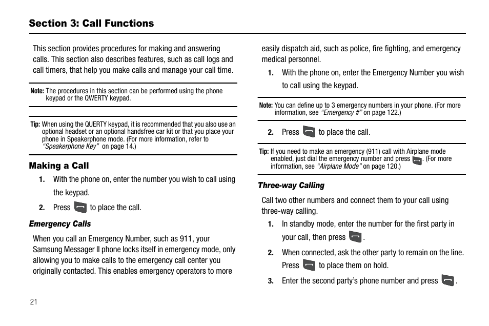 Section 3: call functions, Making a call, Emergency calls | Three-way calling | Samsung SCH-R560ZPACRI User Manual | Page 24 / 167