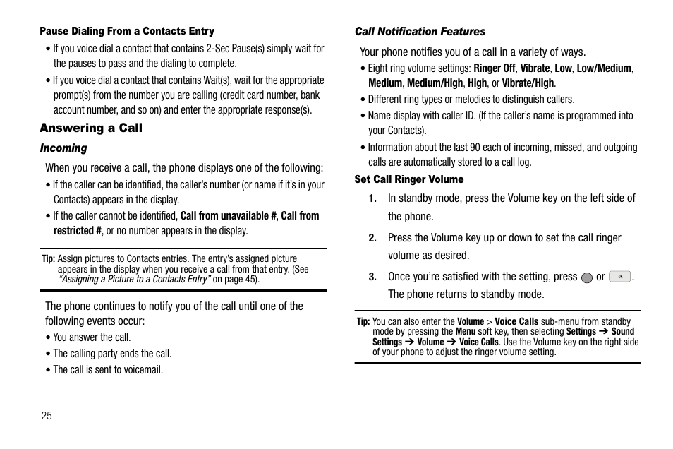 Pause dialing from a contacts entry, Answering a call, Incoming | Call notification features, Set call ringer volume | Samsung SCH-R560ZPACRI User Manual | Page 28 / 167