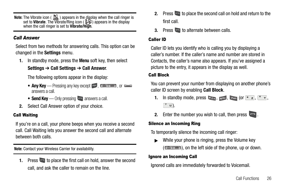 Call answer, Call waiting, Caller id | Call block, Silence an incoming ring, Ignore an incoming call | Samsung SCH-R560ZPACRI User Manual | Page 29 / 167