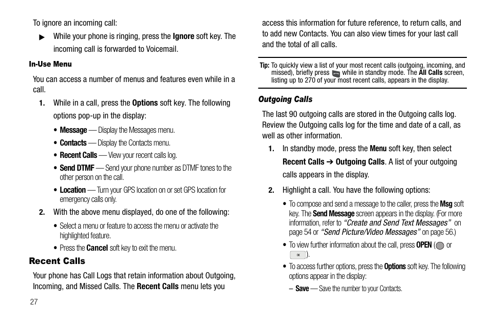 In-use menu, Recent calls, Outgoing calls | Samsung SCH-R560ZPACRI User Manual | Page 30 / 167
