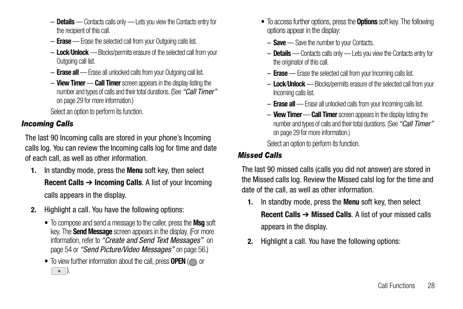 Incoming calls, Missed calls | Samsung SCH-R560ZPACRI User Manual | Page 31 / 167