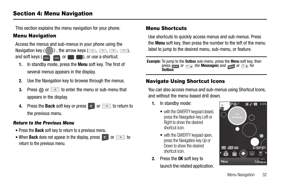 Section 4: menu navigation, Menu navigation, Return to the previous menu | Menu shortcuts, Navigate using shortcut icons | Samsung SCH-R560ZPACRI User Manual | Page 35 / 167