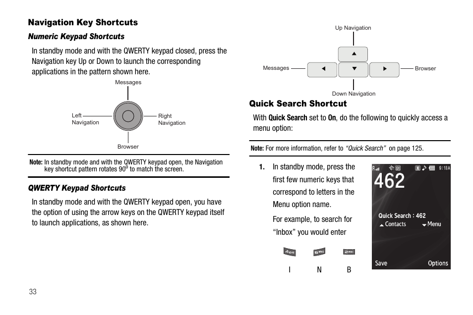 Navigation key shortcuts, Numeric keypad shortcuts, Qwerty keypad shortcuts | Quick search shortcut, Navigation key shortcuts quick search shortcut | Samsung SCH-R560ZPACRI User Manual | Page 36 / 167