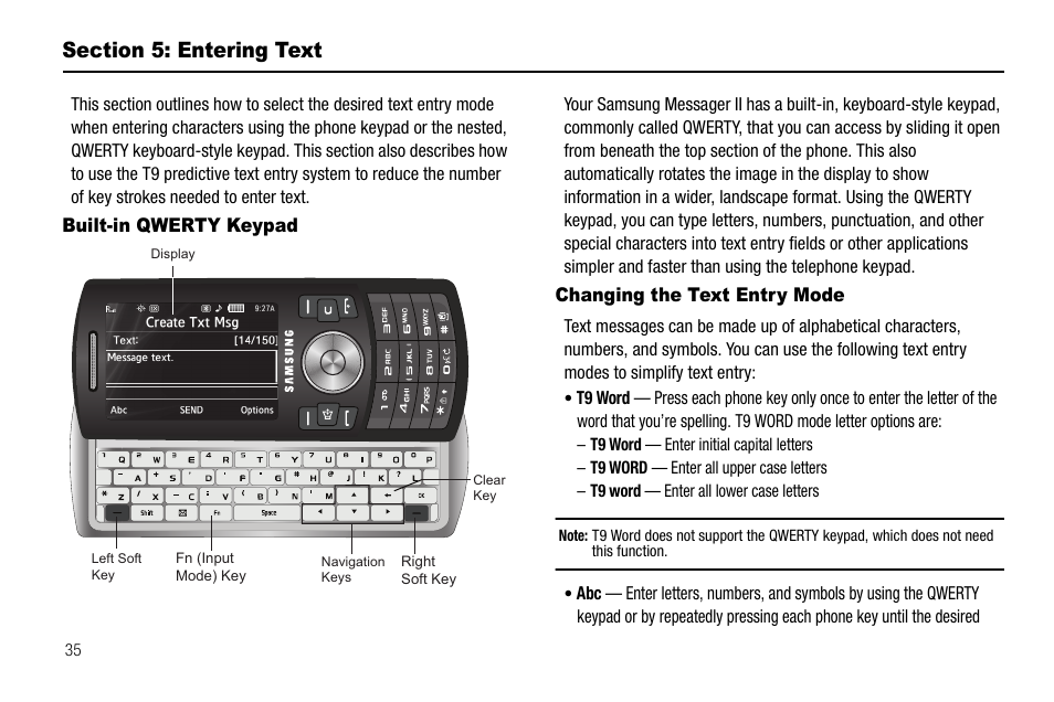 Section 5: entering text, Built-in qwerty keypad, Changing the text entry mode | Samsung SCH-R560ZPACRI User Manual | Page 38 / 167