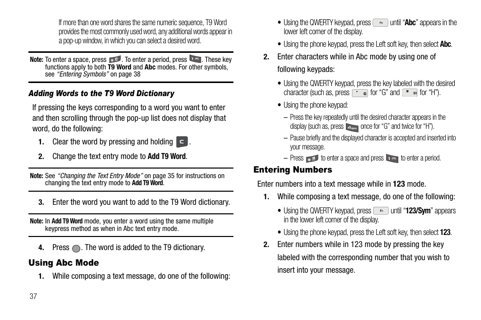 Adding words to the t9 word dictionary, Using abc mode, Entering numbers | Using abc mode entering numbers | Samsung SCH-R560ZPACRI User Manual | Page 40 / 167