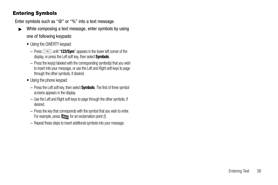 Entering symbols | Samsung SCH-R560ZPACRI User Manual | Page 41 / 167