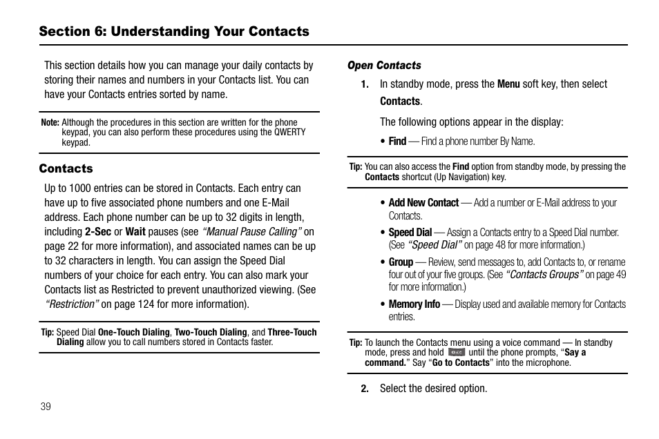 Section 6: understanding your contacts, Contacts, Open contacts | Samsung SCH-R560ZPACRI User Manual | Page 42 / 167