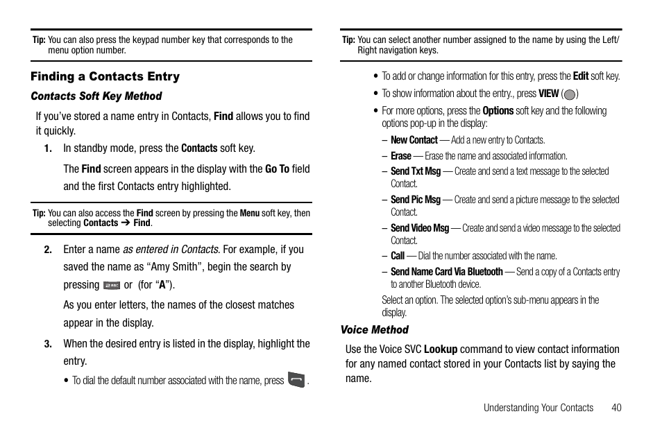 Finding a contacts entry, Contacts soft key method, Voice method | Samsung SCH-R560ZPACRI User Manual | Page 43 / 167