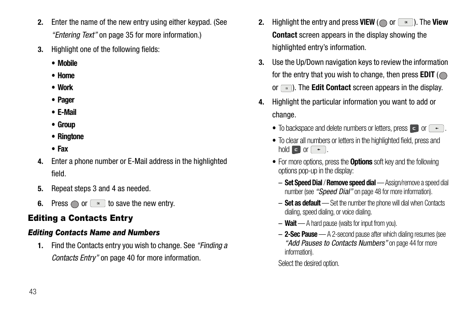 Editing a contacts entry, Editing contacts name and numbers | Samsung SCH-R560ZPACRI User Manual | Page 46 / 167