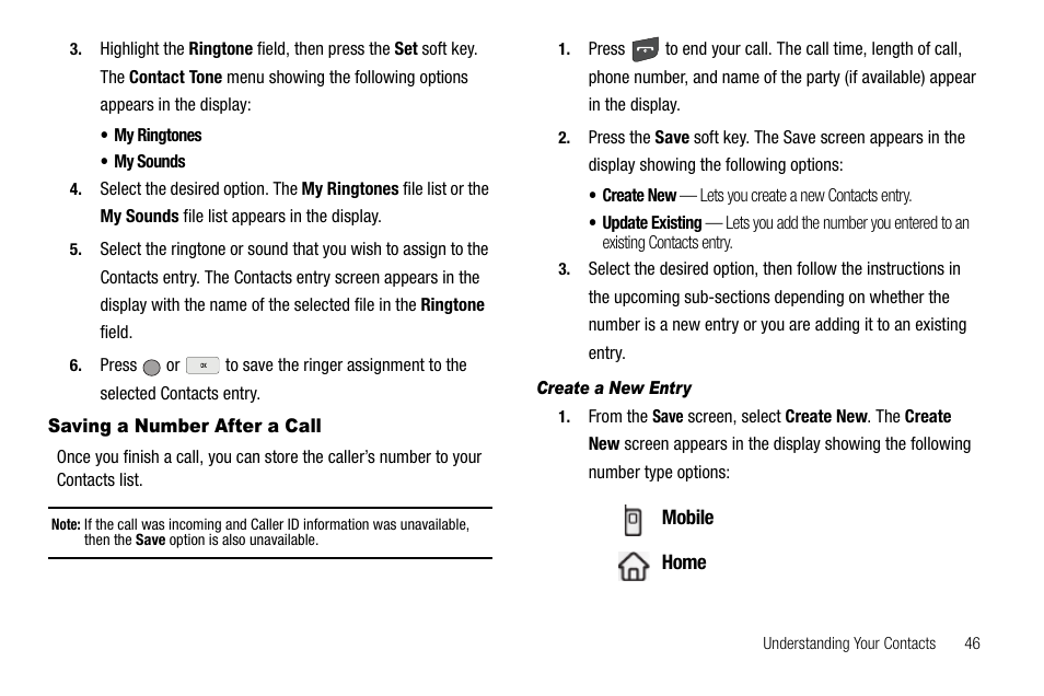 Saving a number after a call, Create a new entry | Samsung SCH-R560ZPACRI User Manual | Page 49 / 167