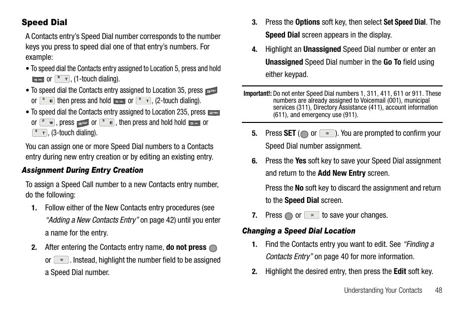 Speed dial, Assignment during entry creation, Changing a speed dial location | Samsung SCH-R560ZPACRI User Manual | Page 51 / 167